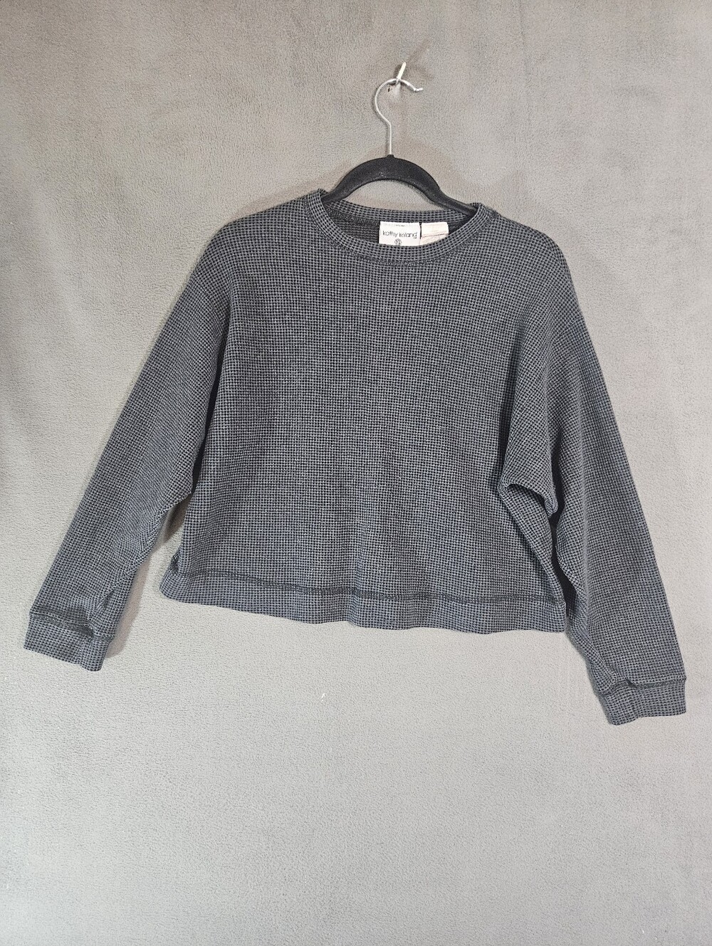 Kathy Ireland Gray Waffle Knit Pullover Cropped Thermal Top Small Boxy Grunge